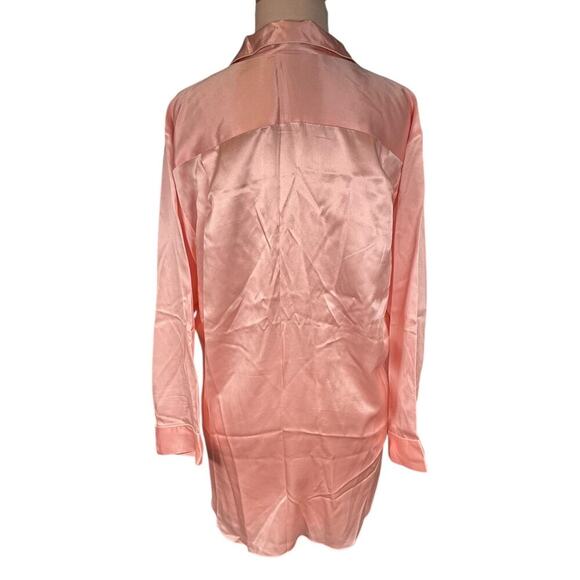 Nordstrom 100% Silk Small Long Back Pajama Top Long Sleeve Baby Pink White Trim - Picture 2 of 13